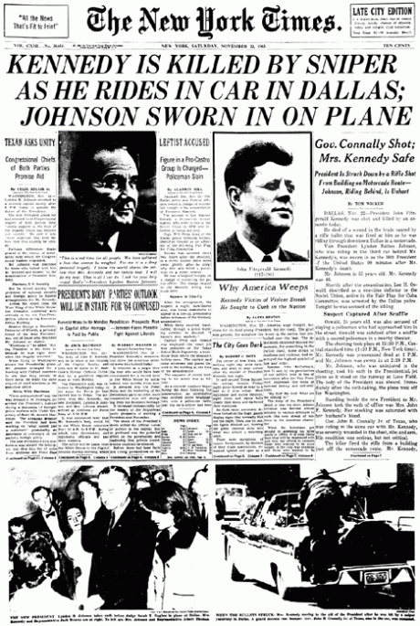 The original Front page of the New York Times after the assassination 